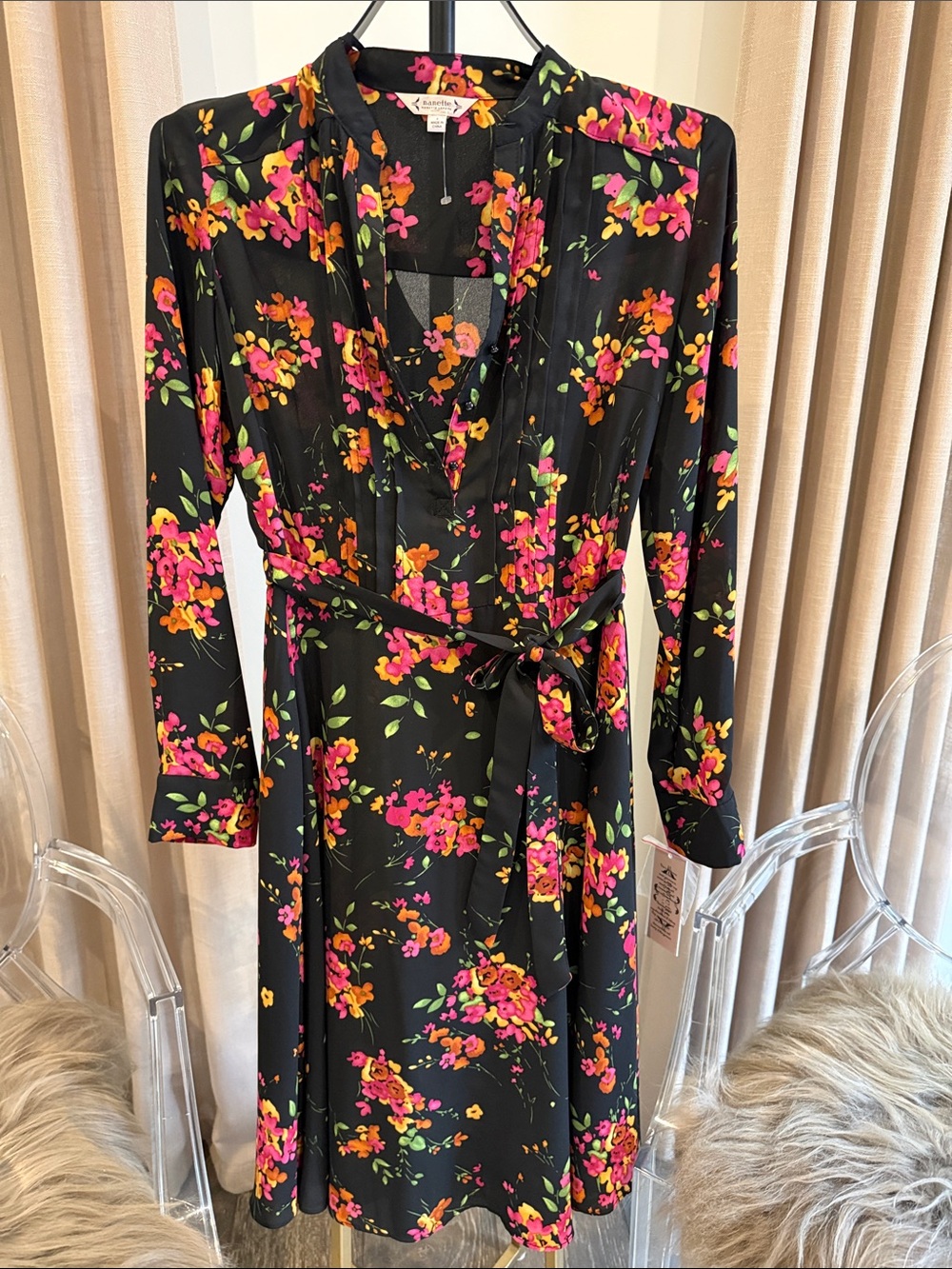 Nanette Lepore Black Long-Sleeve Floral V-Neck Dress with Pink & Orange Blossoms